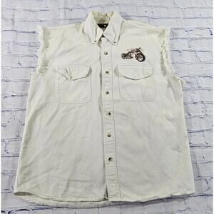 J Fashion Biker Shirt Ivory Khaki Button Sleeveless Motorcycle MENS SIZE LARGE